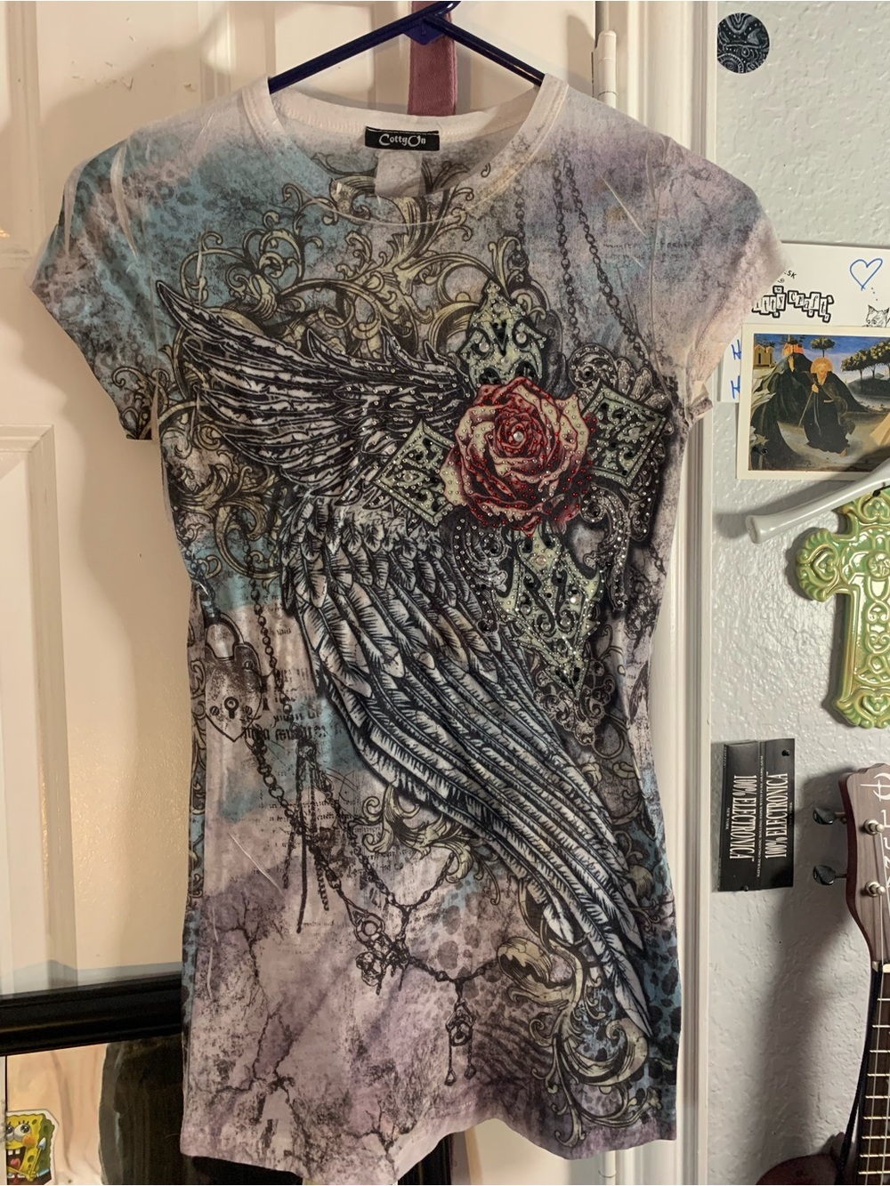 Y2K angel wing graphic rhinestone tee